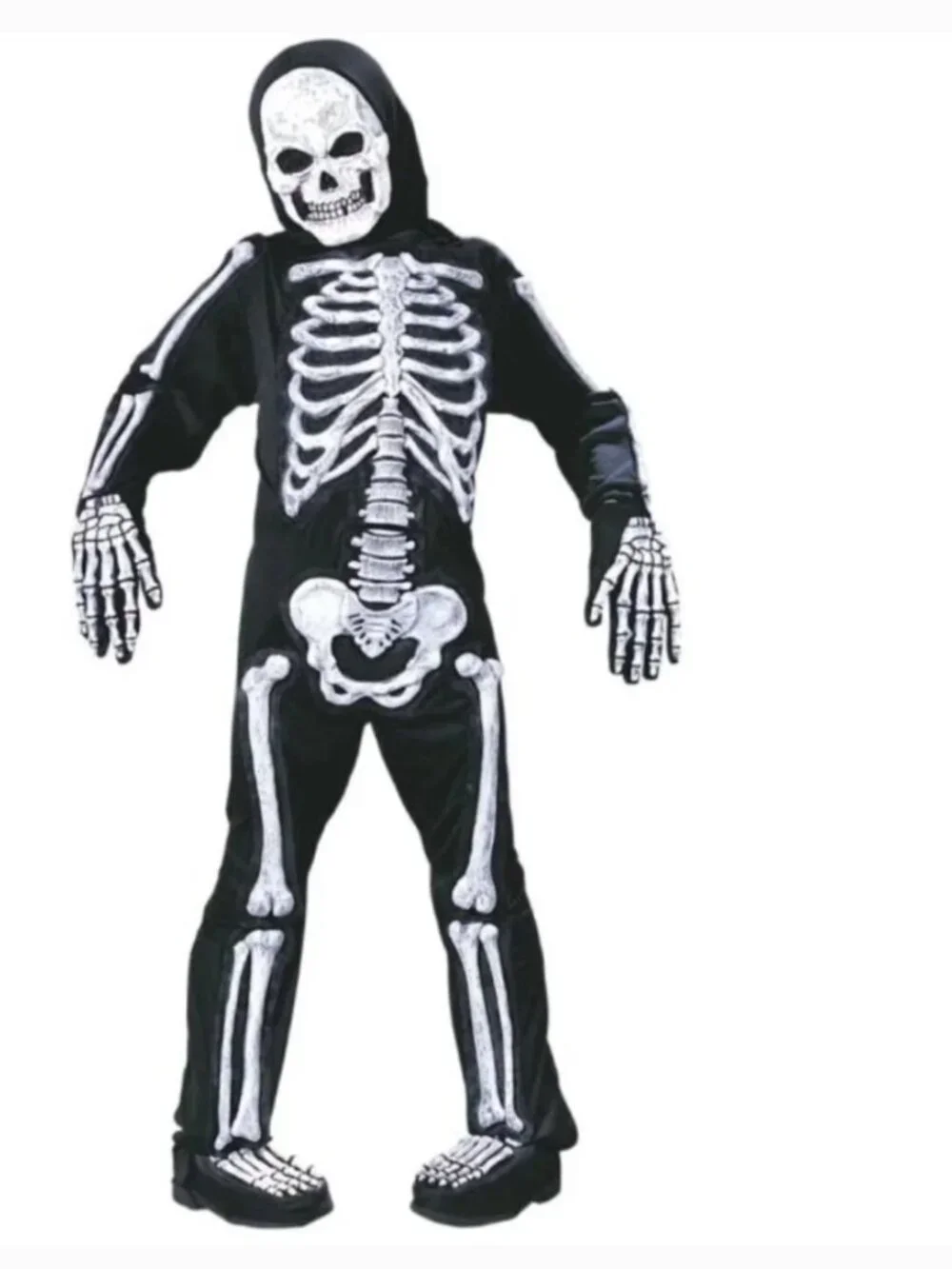 Skeleton Halloween Costume 12/14 White Skelebones 3-D Jumpsuit, Mask 6 Pc Boys